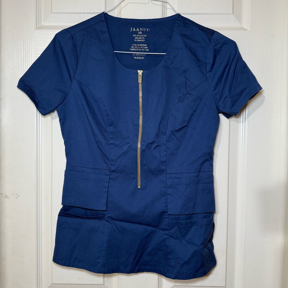 Jaanuu XS Navy Blue Scrub Top Gold Zip Front